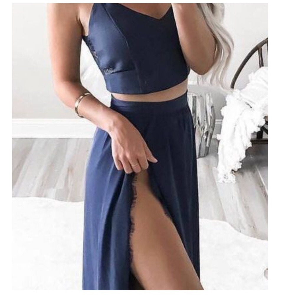 Two piece long prom dress with slit